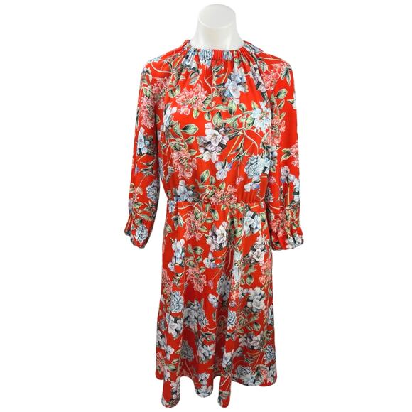 H&M Orange Floral Mock Neck Floral Long Sleeve Cocktail A Line Midi Dress Size 8 - Picture 1 of 5